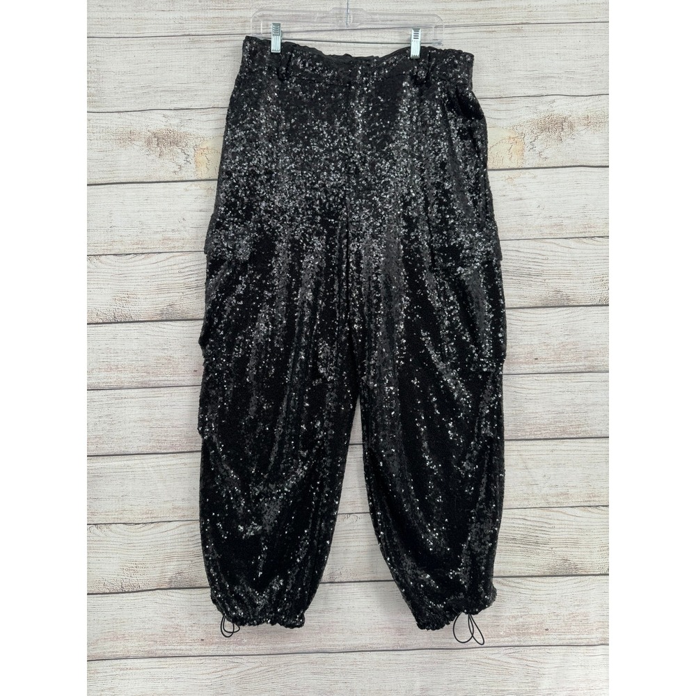Anthropologie Sequin Cargo Pants Womens 12 Black Jogger Bungee Hem OB1792416
